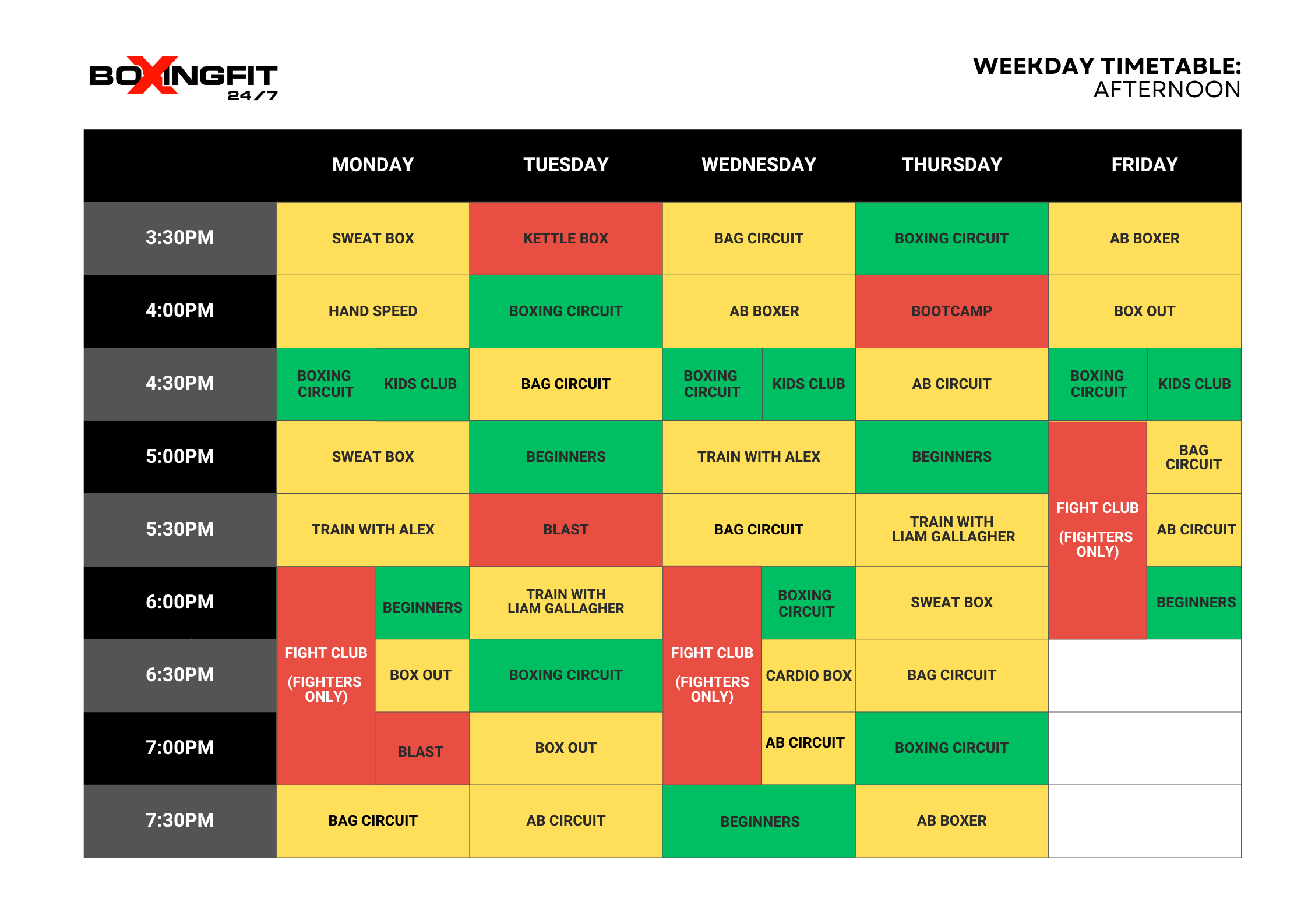 BoxingFit Afternoon Class Timetable