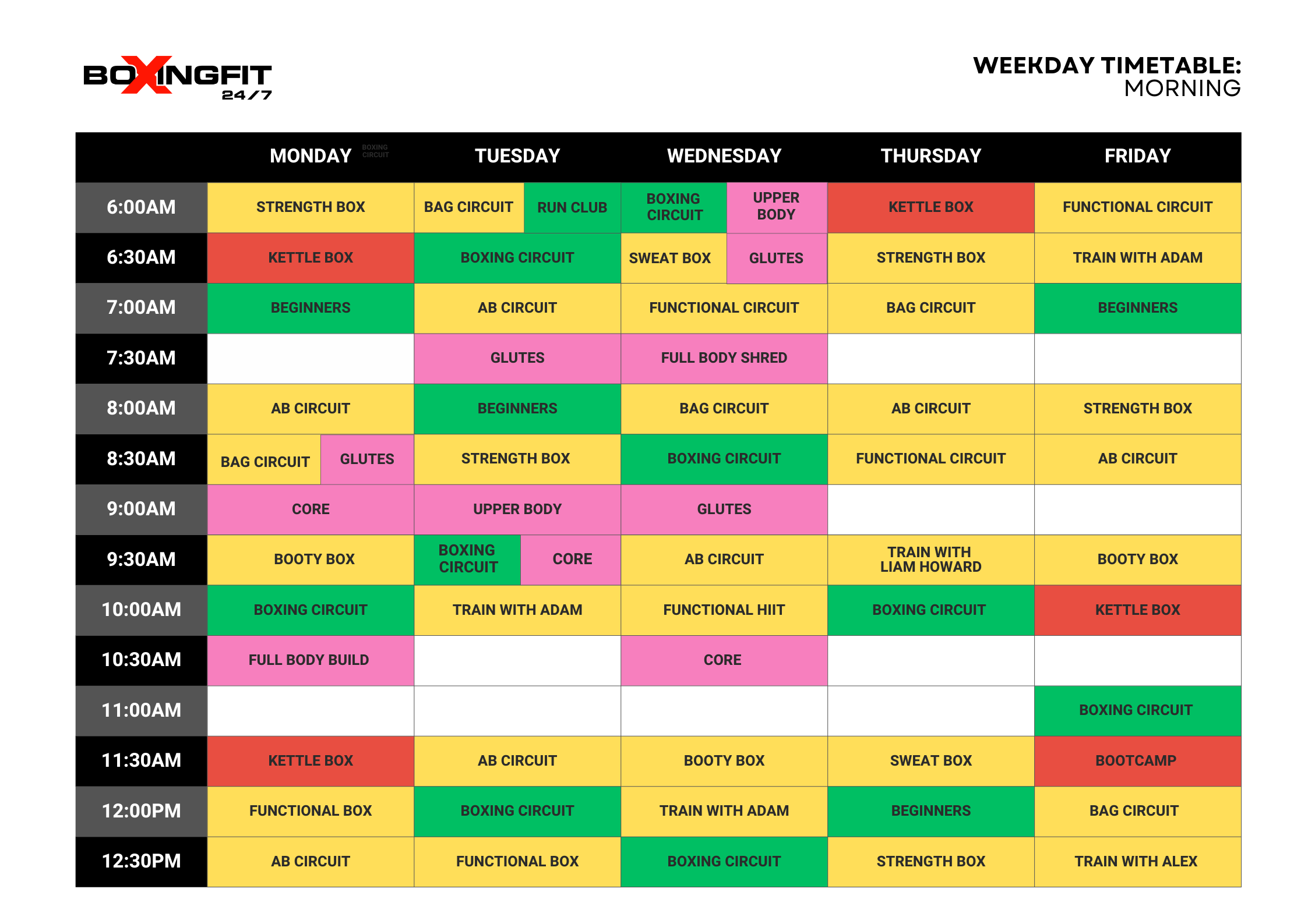 BoxingFit Group Class Timetable - Morning Classes
